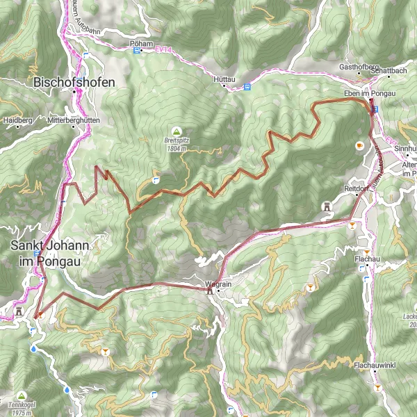 Miniature de la carte de l'inspiration cycliste "Exploration gravel au départ d'Eben im Pongau" dans la Salzburg, Austria. Générée par le planificateur d'itinéraire cycliste Tarmacs.app