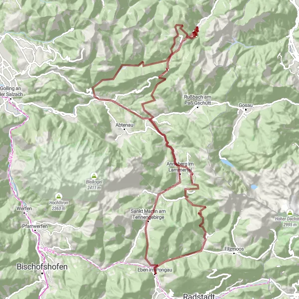 Miniatua del mapa de inspiración ciclista "Ruta de Grava de Eben im Pongau a Schattbach" en Salzburg, Austria. Generado por Tarmacs.app planificador de rutas ciclistas