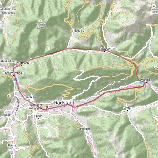 Kartminiatyr av "Grusväg till Filzmoos ochbaka" cykelinspiration i Salzburg, Austria. Genererad av Tarmacs.app cykelruttplanerare