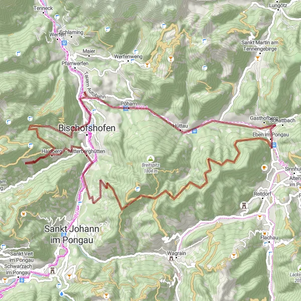 Zemljevid v pomanjšavi "Ustvarjalna kolesarska pustolovščina do Schattbach" kolesarske inspiracije v Salzburg, Austria. Generirano z načrtovalcem kolesarskih poti Tarmacs.app