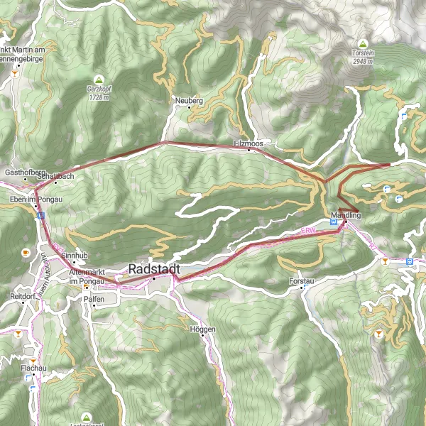 Zemljevid v pomanjšavi "Krožna kolesarska pot do Altenmarkt im Pongau" kolesarske inspiracije v Salzburg, Austria. Generirano z načrtovalcem kolesarskih poti Tarmacs.app