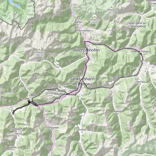 Mapa miniatúra "Horská výzva cez Sankt Veit" cyklistická inšpirácia v Salzburg, Austria. Vygenerované cyklistickým plánovačom trás Tarmacs.app