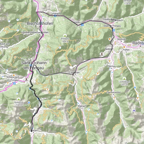 Miniaturní mapa "Cyklotrasa s atraktivními výhledy" inspirace pro cyklisty v oblasti Salzburg, Austria. Vytvořeno pomocí plánovače tras Tarmacs.app