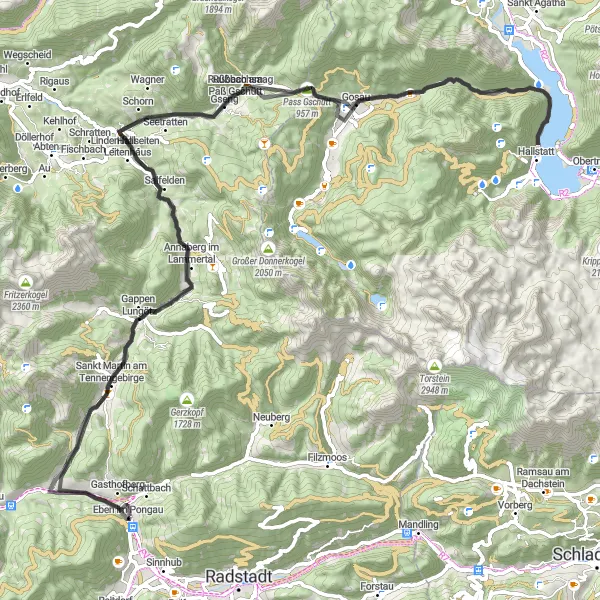 Miniatua del mapa de inspiración ciclista "Ruta Road Sankt Martin-Hallstätter See-Palfen-Gasthofberg" en Salzburg, Austria. Generado por Tarmacs.app planificador de rutas ciclistas