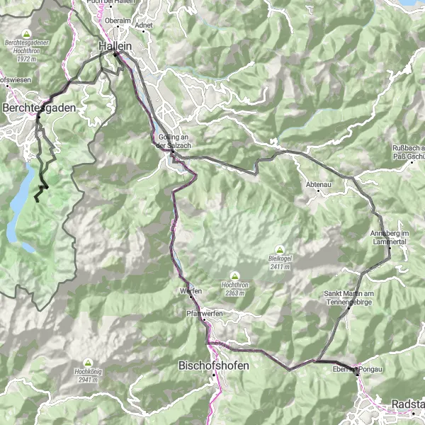 Zemljevid v pomanjšavi "Razgibana cestna kolesarska pot do Kuchl" kolesarske inspiracije v Salzburg, Austria. Generirano z načrtovalcem kolesarskih poti Tarmacs.app