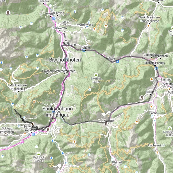 Miniatua del mapa de inspiración ciclista "Ruta Road Wagrain-Schwarzach-Bischofshofen-Hüttau" en Salzburg, Austria. Generado por Tarmacs.app planificador de rutas ciclistas