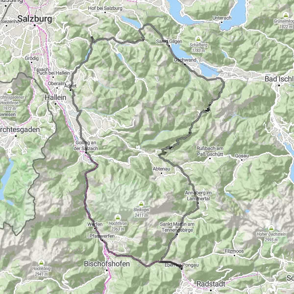 Miniatua del mapa de inspiración ciclista "Ruta por carretera Eben im Pongau - Gasthofberg" en Salzburg, Austria. Generado por Tarmacs.app planificador de rutas ciclistas