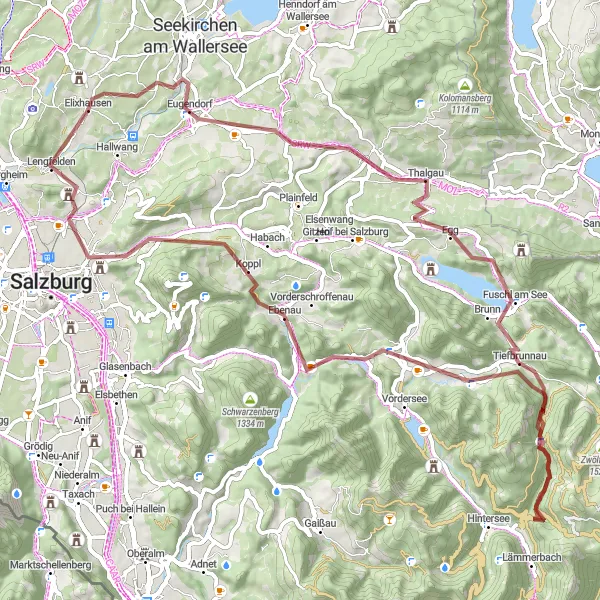 Zemljevid v pomanjšavi "Raznolika makadamska pot od Thalgau do Schloss Radeck" kolesarske inspiracije v Salzburg, Austria. Generirano z načrtovalcem kolesarskih poti Tarmacs.app