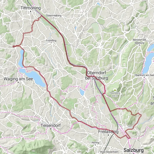Mapa miniatúra "Gravel Tour to Salzach River" cyklistická inšpirácia v Salzburg, Austria. Vygenerované cyklistickým plánovačom trás Tarmacs.app