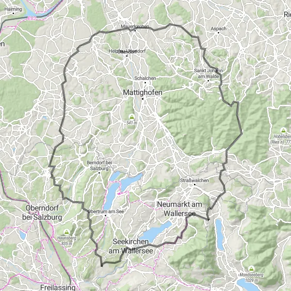 Karttaminiaatyyri "Kulttuuripolkuna Road Cycling -reitti Elixhausenista" pyöräilyinspiraatiosta alueella Salzburg, Austria. Luotu Tarmacs.app pyöräilyreittisuunnittelijalla