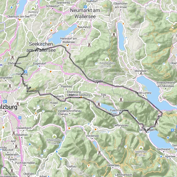 Miniatua del mapa de inspiración ciclista "Vistas espectaculares desde Elixhausen a Hallwang" en Salzburg, Austria. Generado por Tarmacs.app planificador de rutas ciclistas