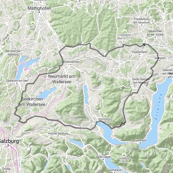 Zemljevid v pomanjšavi "Zanimiva cestna pot od Köstendorf do Hallwang" kolesarske inspiracije v Salzburg, Austria. Generirano z načrtovalcem kolesarskih poti Tarmacs.app