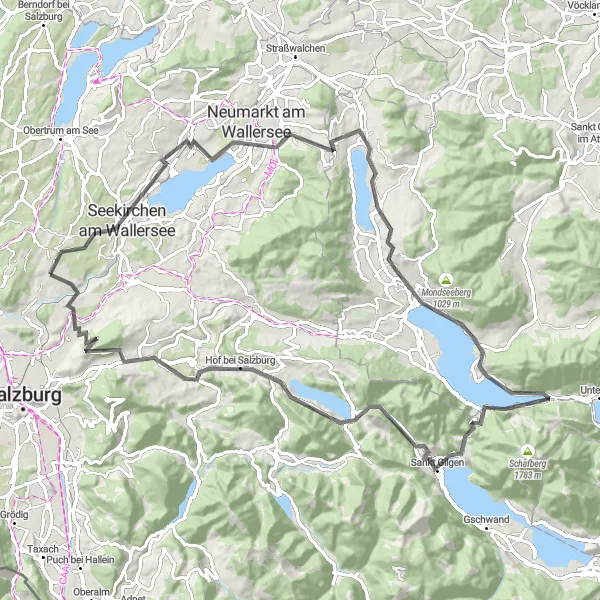 Miniatura della mappa di ispirazione al ciclismo "Giro panoramico attraverso Elixhausen" nella regione di Salzburg, Austria. Generata da Tarmacs.app, pianificatore di rotte ciclistiche