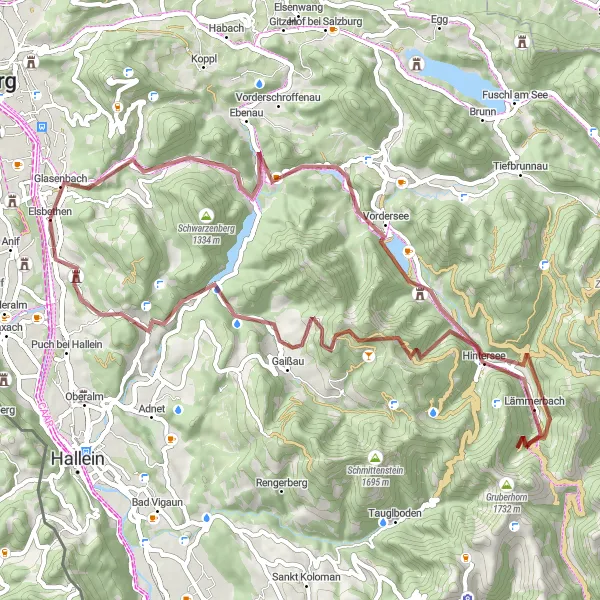 Miniatura della mappa di ispirazione al ciclismo "Gravel tra le Montagne" nella regione di Salzburg, Austria. Generata da Tarmacs.app, pianificatore di rotte ciclistiche