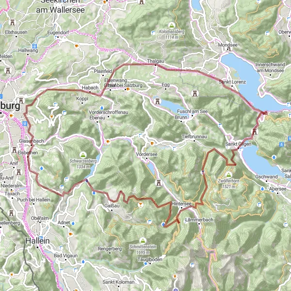 Karttaminiaatyyri "Elsbethen - Nockstein - Drachenwand - Eberstein Loop" pyöräilyinspiraatiosta alueella Salzburg, Austria. Luotu Tarmacs.app pyöräilyreittisuunnittelijalla