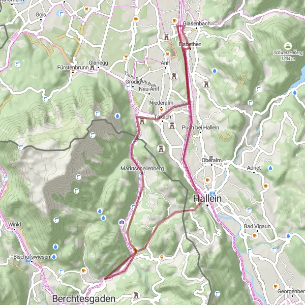 Miniaturní mapa "Gravel Route to Puch bei Hallein" inspirace pro cyklisty v oblasti Salzburg, Austria. Vytvořeno pomocí plánovače tras Tarmacs.app