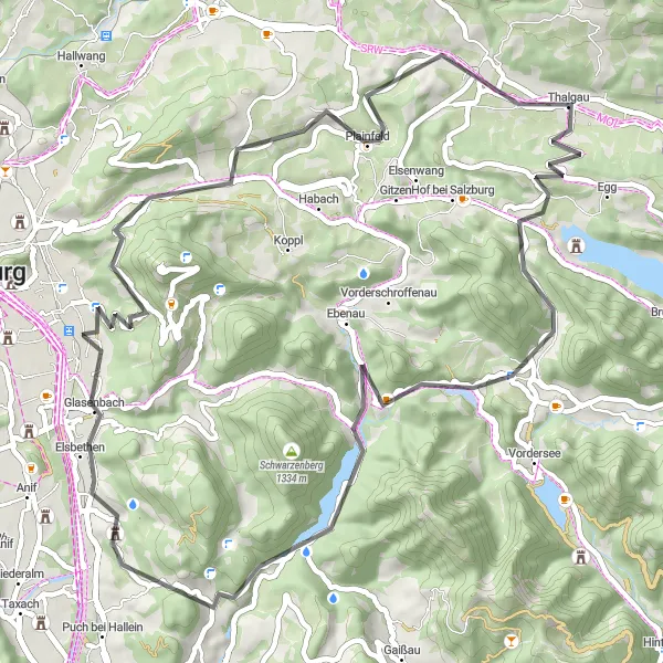 Zemljevid v pomanjšavi "Elsbethen - Faistenau - Kugelberg Loop" kolesarske inspiracije v Salzburg, Austria. Generirano z načrtovalcem kolesarskih poti Tarmacs.app