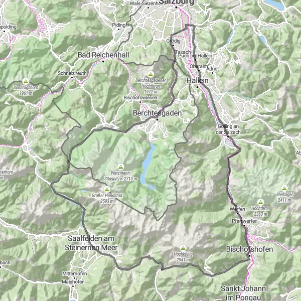 Miniatua del mapa de inspiración ciclista "Ruta por carretera a través del Hochkönig" en Salzburg, Austria. Generado por Tarmacs.app planificador de rutas ciclistas