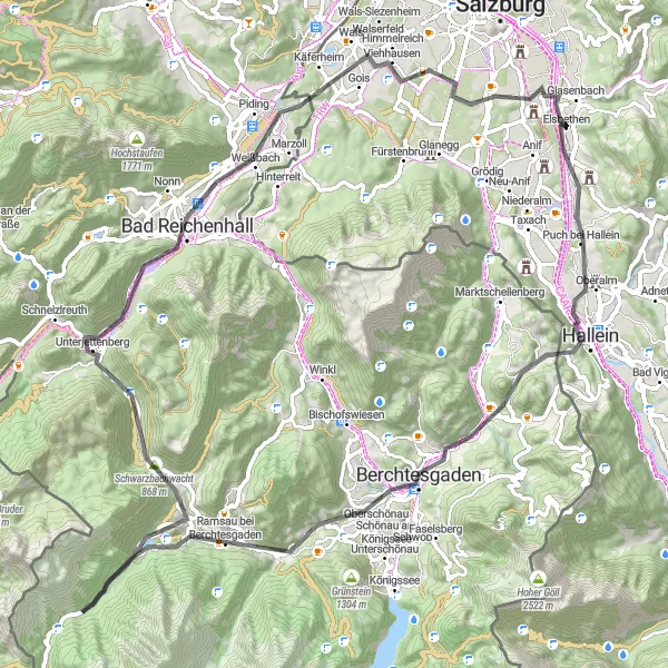 Zemljevid v pomanjšavi "Hallein - Ramsau bei Berchtesgaden Scenic Route" kolesarske inspiracije v Salzburg, Austria. Generirano z načrtovalcem kolesarskih poti Tarmacs.app