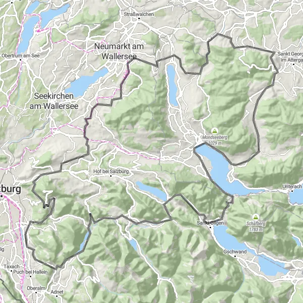 Miniature de la carte de l'inspiration cycliste "Exploration des Montagnes d'Attergau" dans la Salzburg, Austria. Générée par le planificateur d'itinéraire cycliste Tarmacs.app