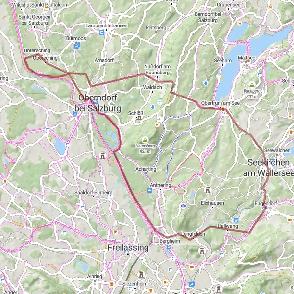 Zemljevid v pomanjšavi "Gravelni kolesarski izlet okoli Eugendorfa" kolesarske inspiracije v Salzburg, Austria. Generirano z načrtovalcem kolesarskih poti Tarmacs.app