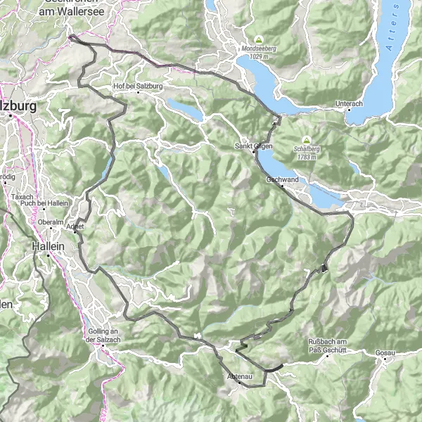 Miniature de la carte de l'inspiration cycliste "La Grande Boucle des Lacs Autrichiens" dans la Salzburg, Austria. Générée par le planificateur d'itinéraire cycliste Tarmacs.app