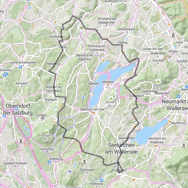 Map miniature of "Scenic Loop around Eugendorf" cycling inspiration in Salzburg, Austria. Generated by Tarmacs.app cycling route planner