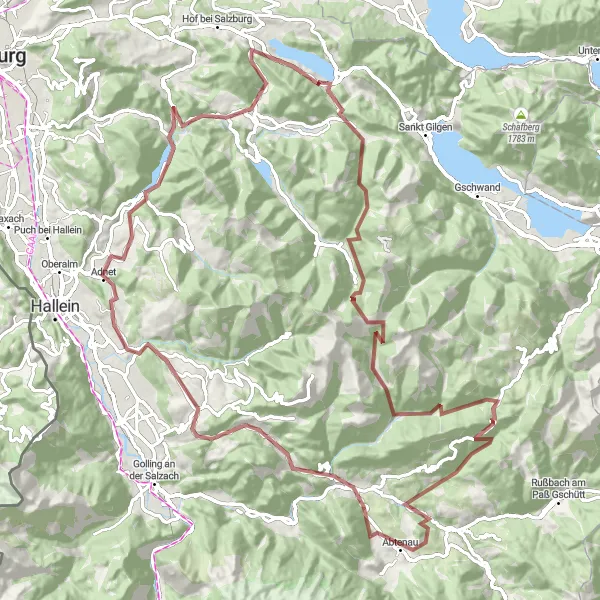 Miniatuurkaart van de fietsinspiratie "Off-road avontuur van Fuschl am See naar Faistenau" in Salzburg, Austria. Gemaakt door de Tarmacs.app fietsrouteplanner