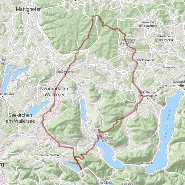 Mapa miniatúra "Gravelová túra po Mondsee" cyklistická inšpirácia v Salzburg, Austria. Vygenerované cyklistickým plánovačom trás Tarmacs.app