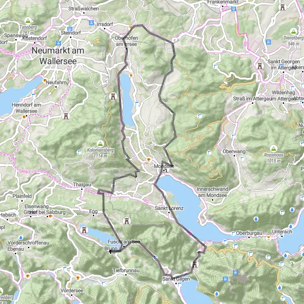 Miniatura della mappa di ispirazione al ciclismo "Strada panoramica tra i laghi" nella regione di Salzburg, Austria. Generata da Tarmacs.app, pianificatore di rotte ciclistiche