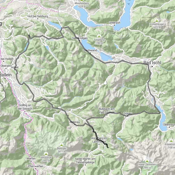 Miniatua del mapa de inspiración ciclista "Desafío de Montaña de Fuschl am See" en Salzburg, Austria. Generado por Tarmacs.app planificador de rutas ciclistas