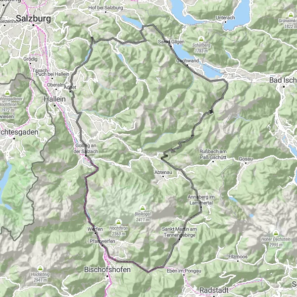 Miniatura della mappa di ispirazione al ciclismo "Giro epico attraverso le montagne salisburghesi" nella regione di Salzburg, Austria. Generata da Tarmacs.app, pianificatore di rotte ciclistiche