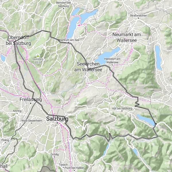 Miniature de la carte de l'inspiration cycliste "Parcours cycliste panoramique : Bambichl – Laufen und die Salzach – Schloss Seeburg – Alpenblick" dans la Salzburg, Austria. Générée par le planificateur d'itinéraire cycliste Tarmacs.app