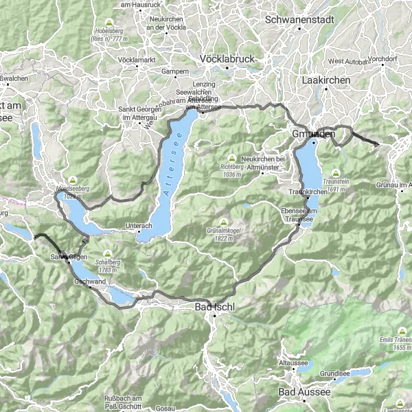 Kartminiatyr av "Fuschl am See til Ellmaustein og Traunkirchen" sykkelinspirasjon i Salzburg, Austria. Generert av Tarmacs.app sykkelrutoplanlegger