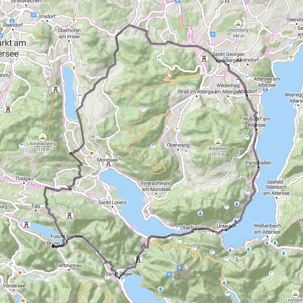Kartminiatyr av "Fuschl am See til Waldlehrpfad Edelkastanienwald og Weingarten" sykkelinspirasjon i Salzburg, Austria. Generert av Tarmacs.app sykkelrutoplanlegger