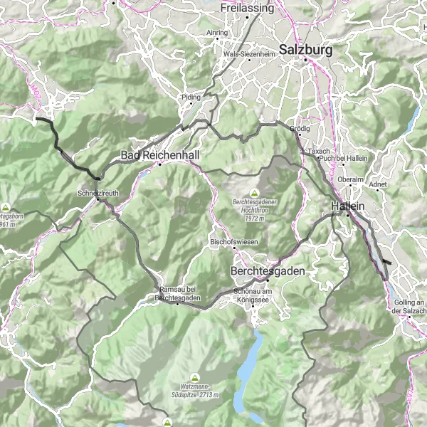 Miniature de la carte de l'inspiration cycliste "La Route des Cascades de la Bavière" dans la Salzburg, Austria. Générée par le planificateur d'itinéraire cycliste Tarmacs.app