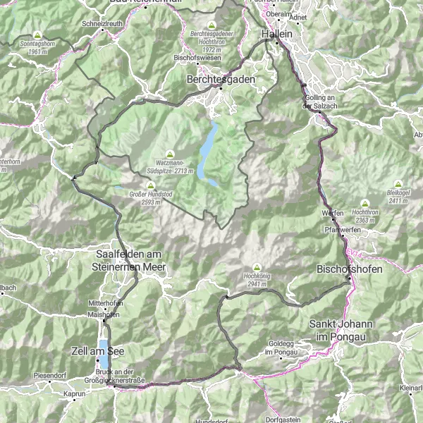 Miniature de la carte de l'inspiration cycliste "La Grande Boucle des Alpes Salzbourgeoises" dans la Salzburg, Austria. Générée par le planificateur d'itinéraire cycliste Tarmacs.app