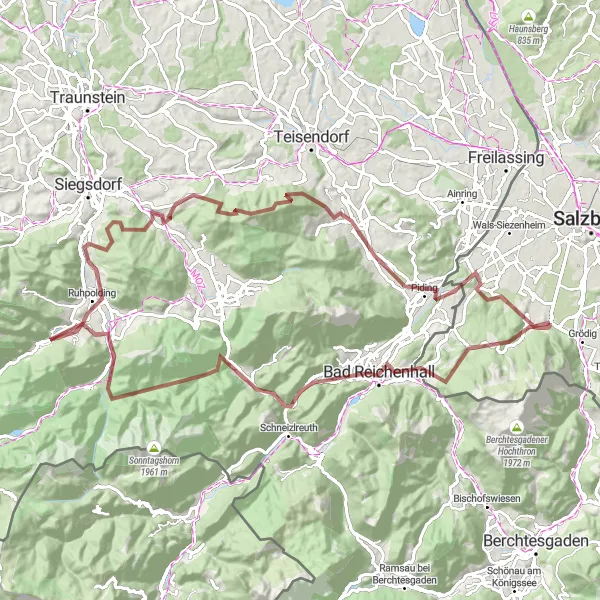 Miniatura della mappa di ispirazione al ciclismo "Il Giro delle Alpi di Berchtesgaden" nella regione di Salzburg, Austria. Generata da Tarmacs.app, pianificatore di rotte ciclistiche