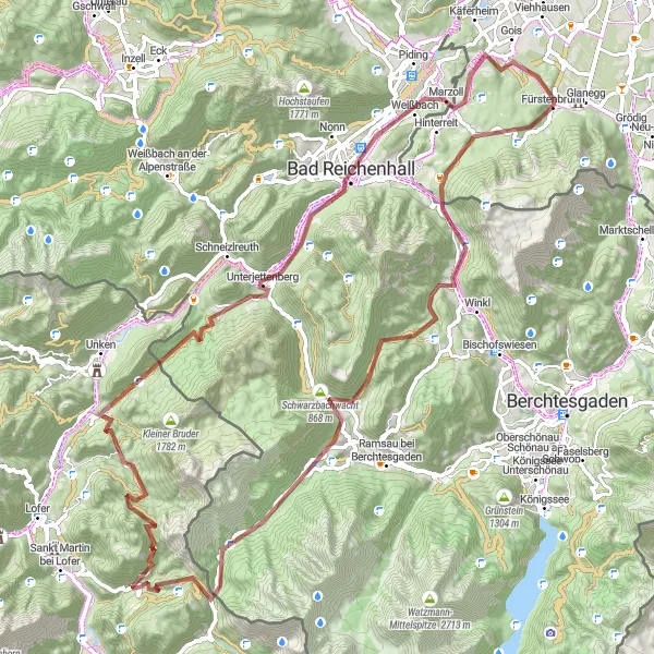 Zemljevid v pomanjšavi "Pustolovska gravel kolesarska pot po Salzkammergutu" kolesarske inspiracije v Salzburg, Austria. Generirano z načrtovalcem kolesarskih poti Tarmacs.app