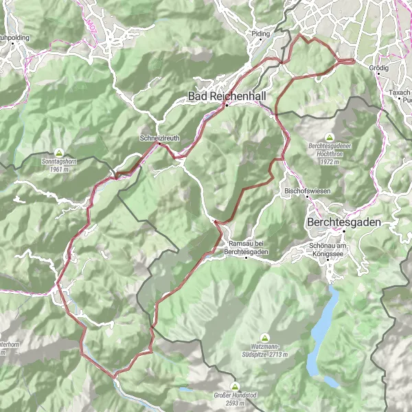 Karttaminiaatyyri "Haastava maastoreitti Berchtesgadenin vuorilla" pyöräilyinspiraatiosta alueella Salzburg, Austria. Luotu Tarmacs.app pyöräilyreittisuunnittelijalla