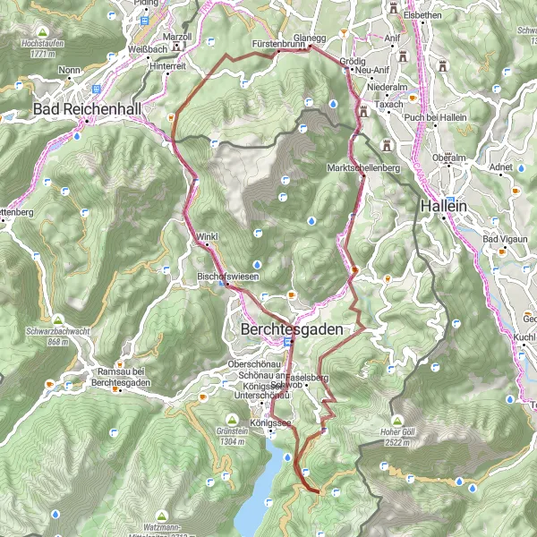Karttaminiaatyyri "Vuoriston hurmaa ja historiallisia kohteita" pyöräilyinspiraatiosta alueella Salzburg, Austria. Luotu Tarmacs.app pyöräilyreittisuunnittelijalla