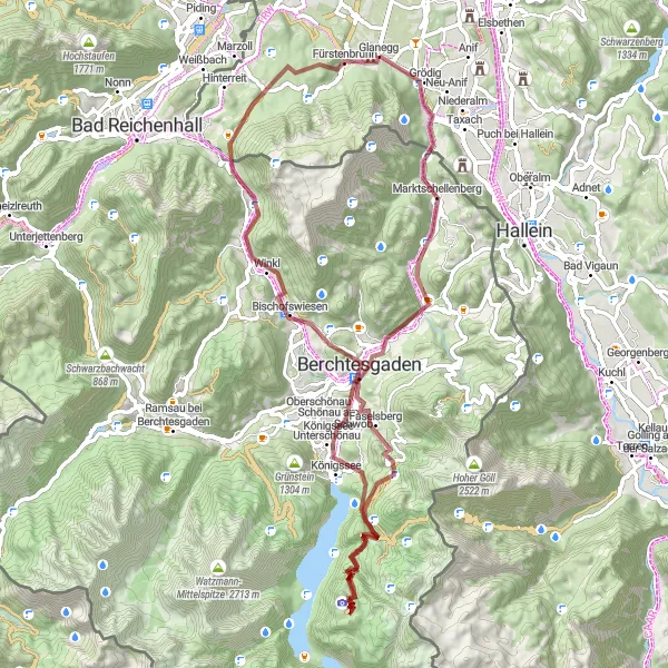 Karttaminiaatyyri "Gravel Polku Glanegg - Königssee" pyöräilyinspiraatiosta alueella Salzburg, Austria. Luotu Tarmacs.app pyöräilyreittisuunnittelijalla