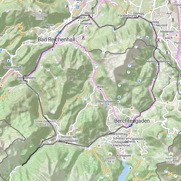 Miniaturekort af cykelinspirationen "Cykeltur til Ramsau bei Berchtesgaden og Schwarzbachwacht" i Salzburg, Austria. Genereret af Tarmacs.app cykelruteplanlægger