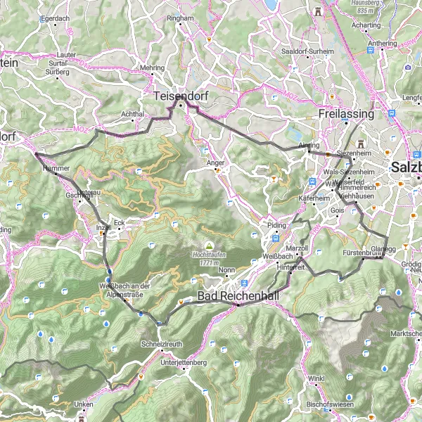 Mapa miniatúra "Salzburg Alps Road Cycling Adventure" cyklistická inšpirácia v Salzburg, Austria. Vygenerované cyklistickým plánovačom trás Tarmacs.app