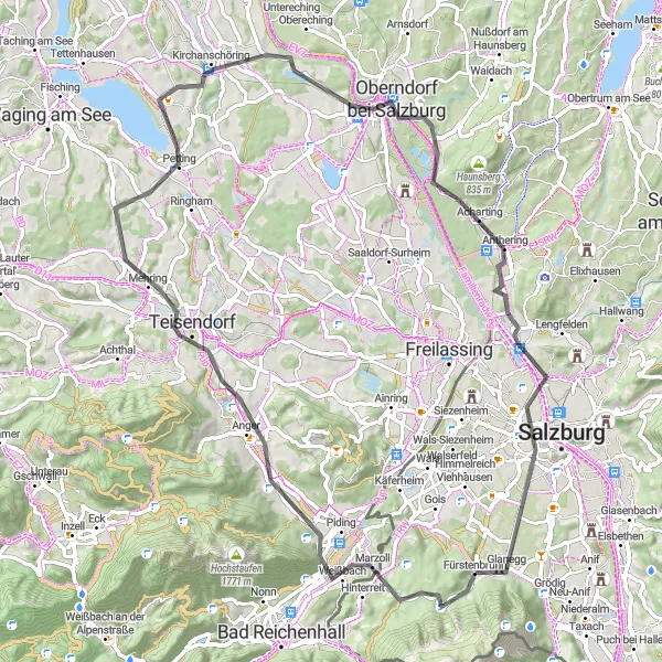 Kartminiatyr av "Glanegg - Waginger See - Anthering Loop" cykelinspiration i Salzburg, Austria. Genererad av Tarmacs.app cykelruttplanerare