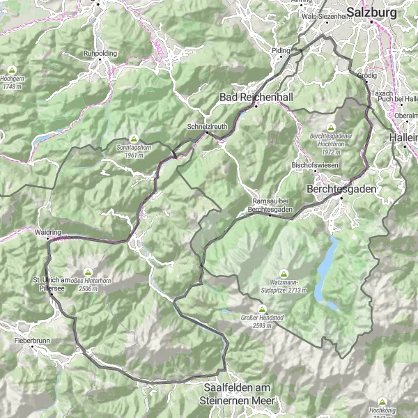 Karttaminiaatyyri "Upeita maisemia ja vaativia nousevia Berchtesgadenissa" pyöräilyinspiraatiosta alueella Salzburg, Austria. Luotu Tarmacs.app pyöräilyreittisuunnittelijalla