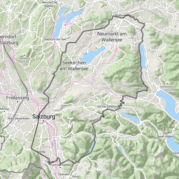 Miniatura della mappa di ispirazione al ciclismo "Tour delle Colline Salisburghesi" nella regione di Salzburg, Austria. Generata da Tarmacs.app, pianificatore di rotte ciclistiche