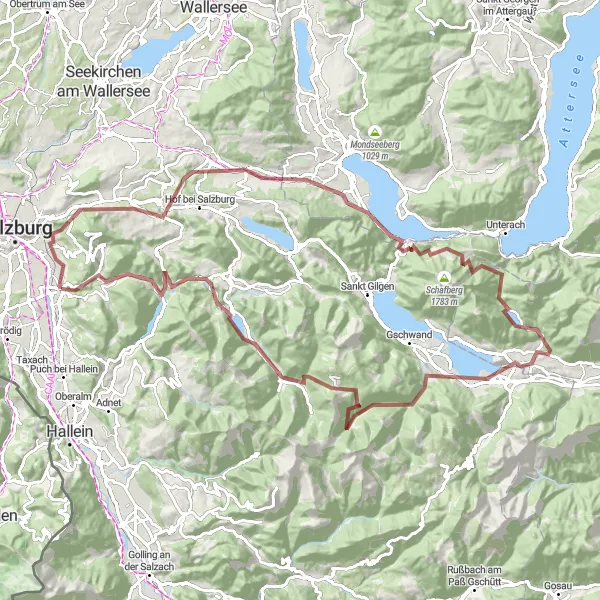 Miniatura mapy "Niezwykły szlak gravelowy przez Nockstein i Abersee" - trasy rowerowej w Salzburg, Austria. Wygenerowane przez planer tras rowerowych Tarmacs.app