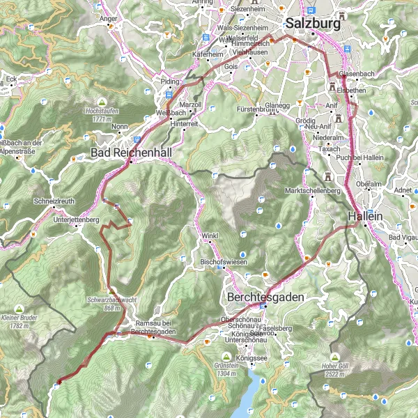 Miniatura mapy "Ekscytujący szlak gravelowy przez Reichenhall i Salzburg" - trasy rowerowej w Salzburg, Austria. Wygenerowane przez planer tras rowerowych Tarmacs.app