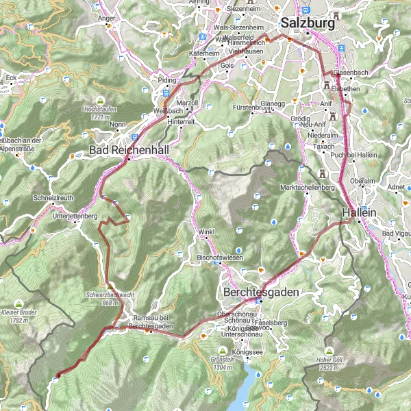 Miniaturní mapa "Gravel cesta kolem Salzburgu" inspirace pro cyklisty v oblasti Salzburg, Austria. Vytvořeno pomocí plánovače tras Tarmacs.app